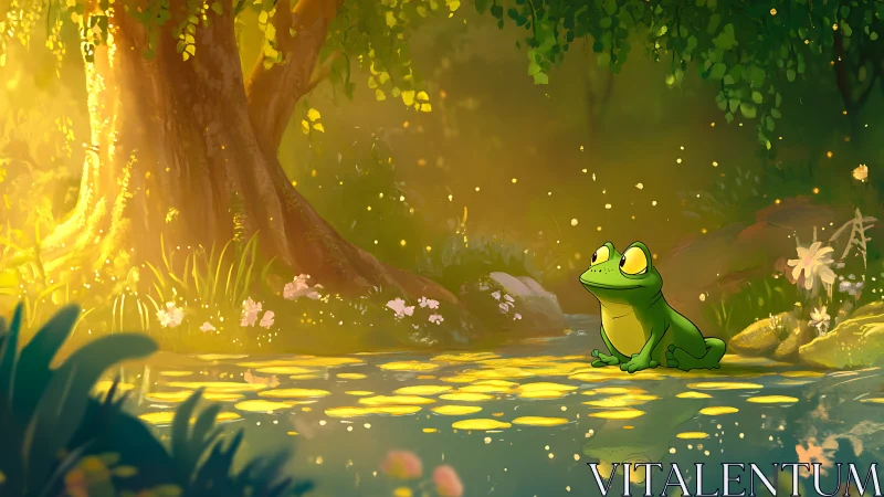 Digital painting of luminous forest pond with contemplative frog.