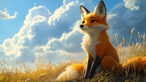 Fox sits in golden field under large cumulus clouds