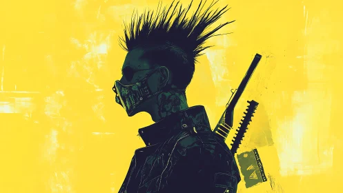 Cybernetic punk profile with respirator mask and rifle silhouette