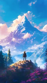 Digital painting of lone adventurer facing luminous alpine peak.