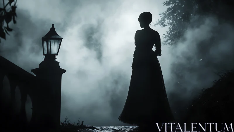 Mystery woman pauses by a foggy lamplight bridge at night.