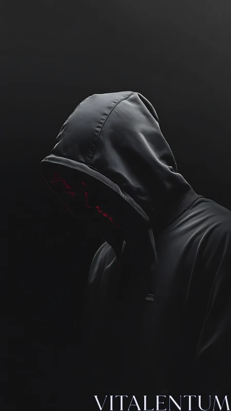 Hooded figure in low light with faint red facial outline.