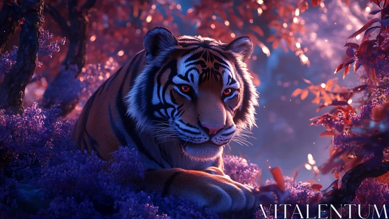 Mystic tiger rests under violet forest twilight glow.