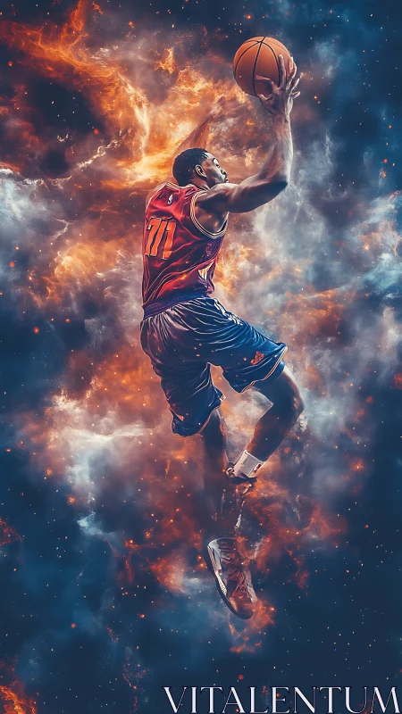Digital composite shows basketball player jumping through nebula