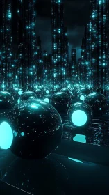 Glowing cyan spheres in reflective cybernetic data cityscape
