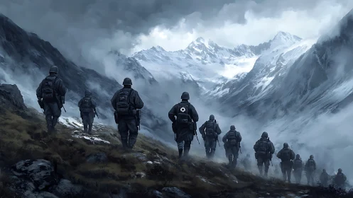Soldiers advance through foggy alpine valley under heavy clouds