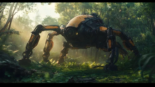 Quadruped reconnaissance mech with articulated legs in dense jungle