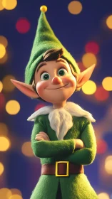 Cheerful Christmas elf poses amid glowing holiday bokeh magic.