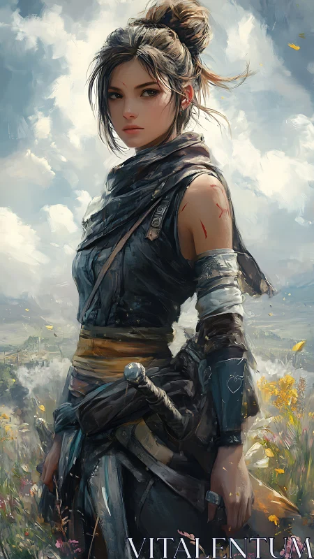 Female warrior stands in detailed landscape under cloudy sky