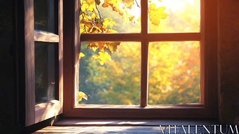 Golden autumn light pouring through a rustic open window.