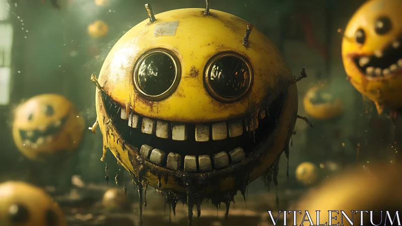 Corroded smiley drone orbs with mechanical ocular ports.