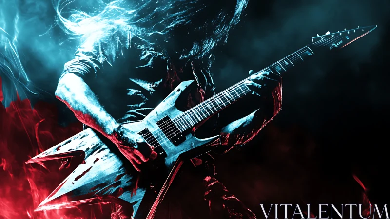 Blazing electric guitar solo framed in fire and cool mist.