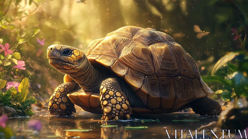 High-detail tortoise render with subsurface shell shading in forest light