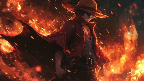 Straw hat anime figure in red coat within intense fire field.