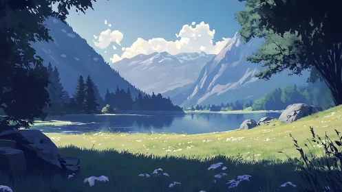 Sunlit valley meadow dreams quietly beside glassy lake