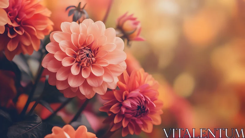 Multiple Dahlia flowers in warm color spectrum with selective focus