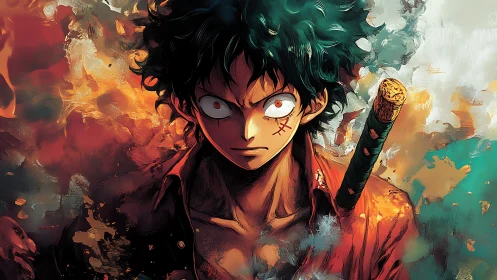 Intense anime swordsman amid blazing abstract smoke storm.