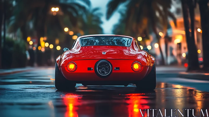 Red classic sports car on wet city street at dusk.