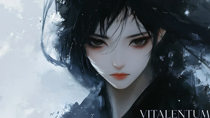 Silent winter gaze of a midnight-haired dreamer.