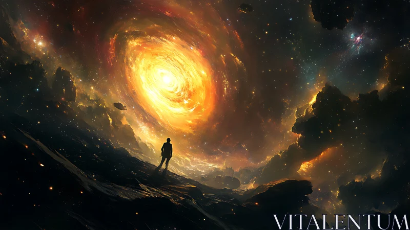 Lone wanderer gazes into a blazing galactic vortex sky.