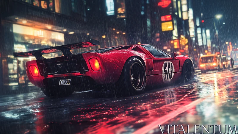 Red race car waits on wet neon city street in heavy rain