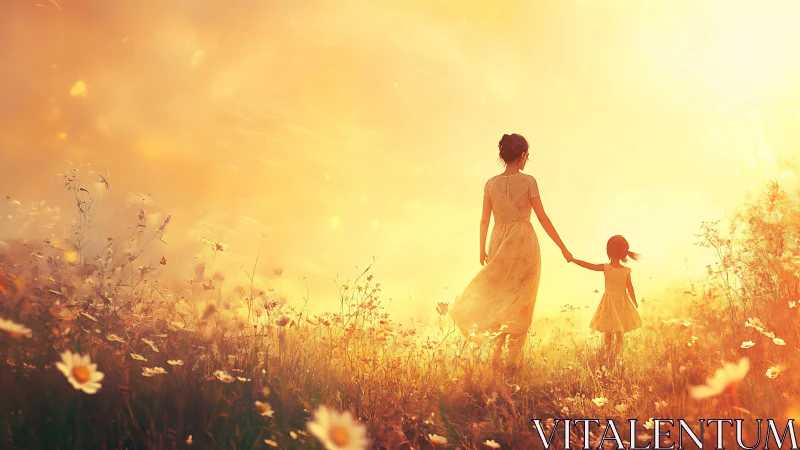 Sunlit meadow stroll where mother and child chase tomorrow.