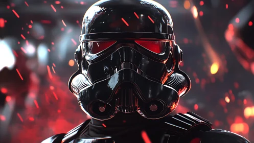 Chromed tactical trooper helm under infernal particle barrage.