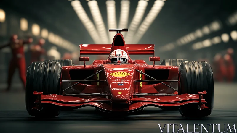 Red single seater race car is positioned in a lit tunnel