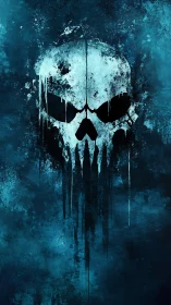 Dripping white skull emblem on textured blue background.