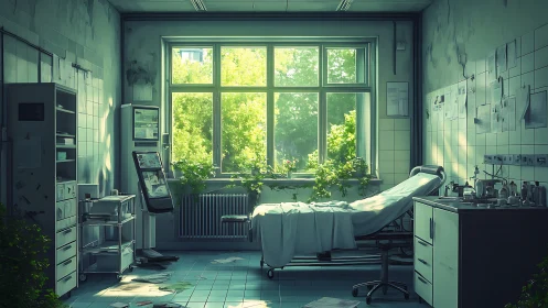 Abandoned hospital room shows empty bed and bright window