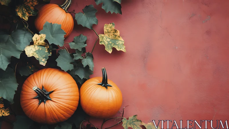 Autumn pumpkins on vine against rustic terracotta wall.