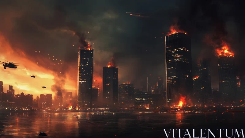 Firestorm skyline under siege by dusk-blackened warbirds.