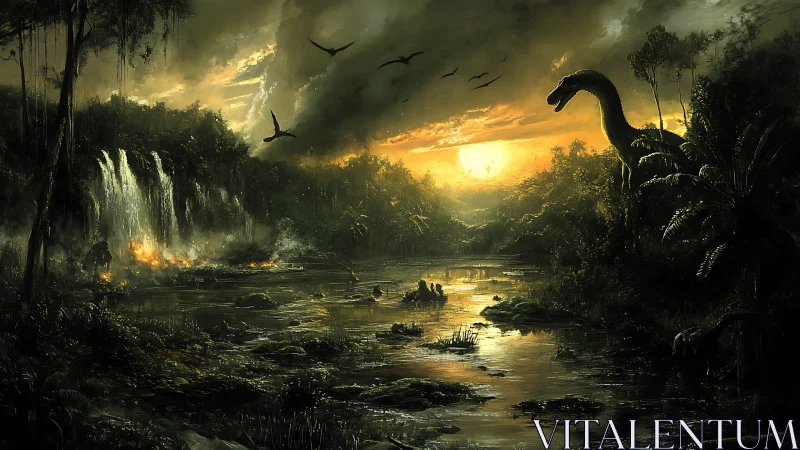 Prehistoric river valley glows under stormlit sunset sky