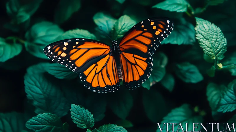 Monarch butterfly with open wings on dense green foliage.