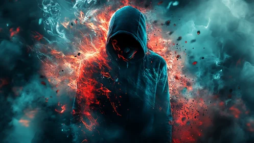 Mysterious hooded figure glowing in fiery blue smoke.