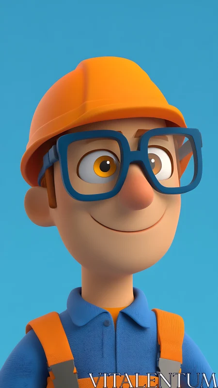3D construction worker character with glasses and helmet.