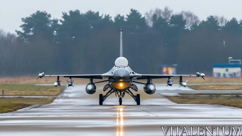 Front-view fighter jet poised on wet runway at dawn.