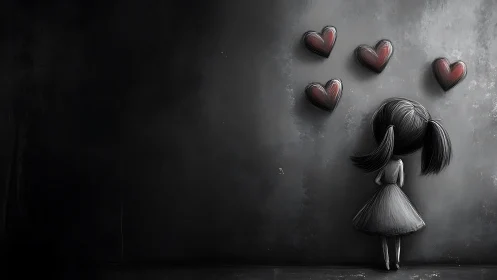 Sad girl in grayscale room faces distant red hearts silently.