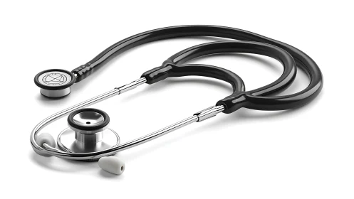 Dual-head acoustic stethoscope with black tubing on white field