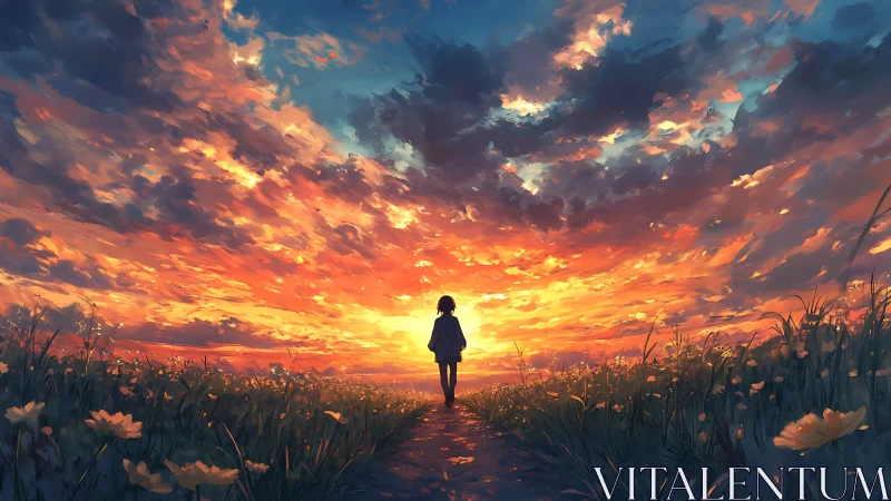 Solitary figure walks toward radiant painterly sunset horizon.
