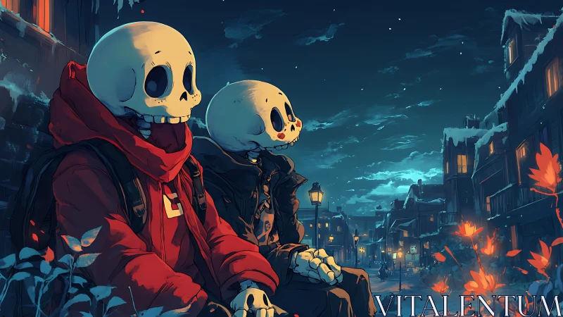 Cozy skeleton friends sharing stories on a winter night.