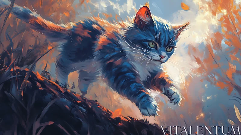 Blue and Orange Kitten in Autumn Wilderness.