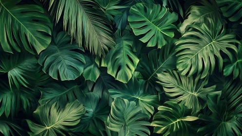 Lush monstera canopy with layered tropical foliage detail.