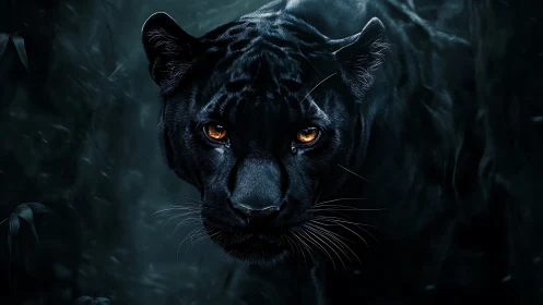 Mesmerizing Black Panther with Glowing Amber Eyes Emerges