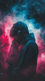 Silhouetted listener drifts through neon cosmic mist in thought