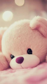Soft pastel teddy bear close-up with dreamy bokeh glow.