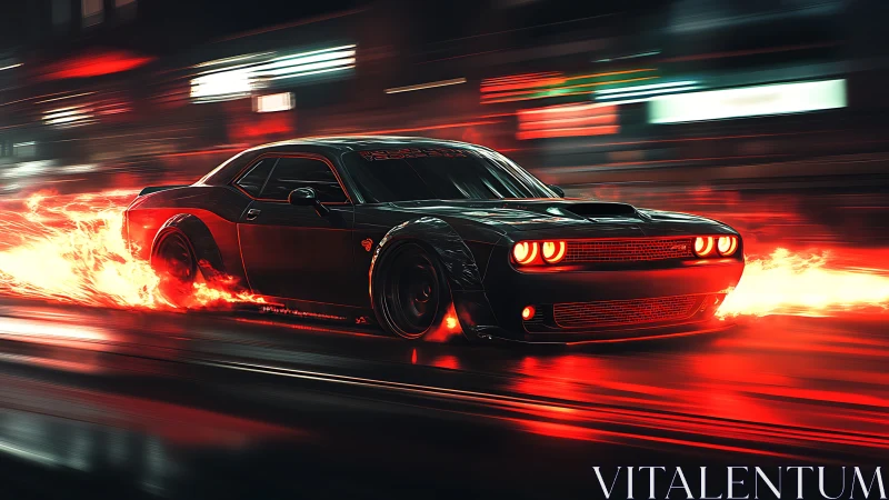 Muscle car night sprint with blazing neon red light trails.