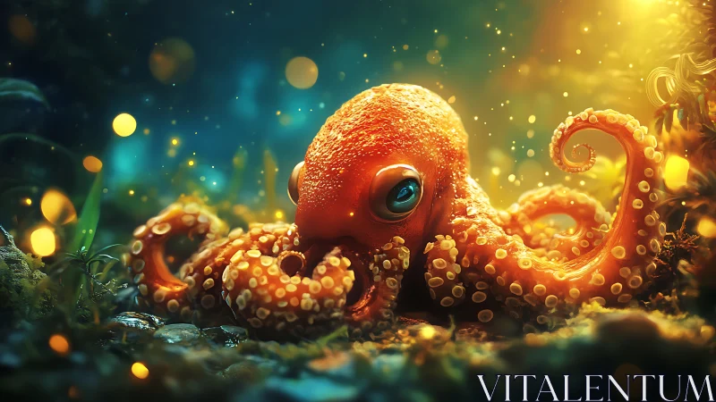 Luminescent orange octopus in cinematic underwater bokeh scene.