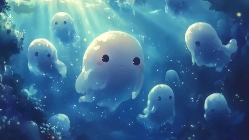 Glowbubble spirits drift through a sunlit ocean dream.