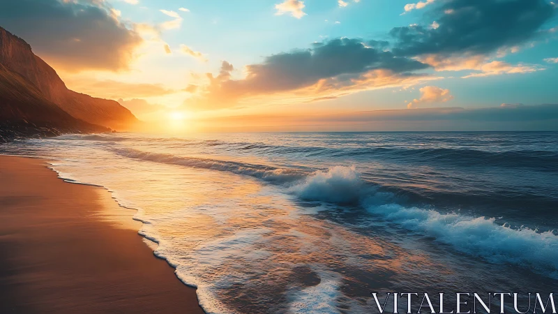 Coastal shoreline with sunset light on waves and cliffs.